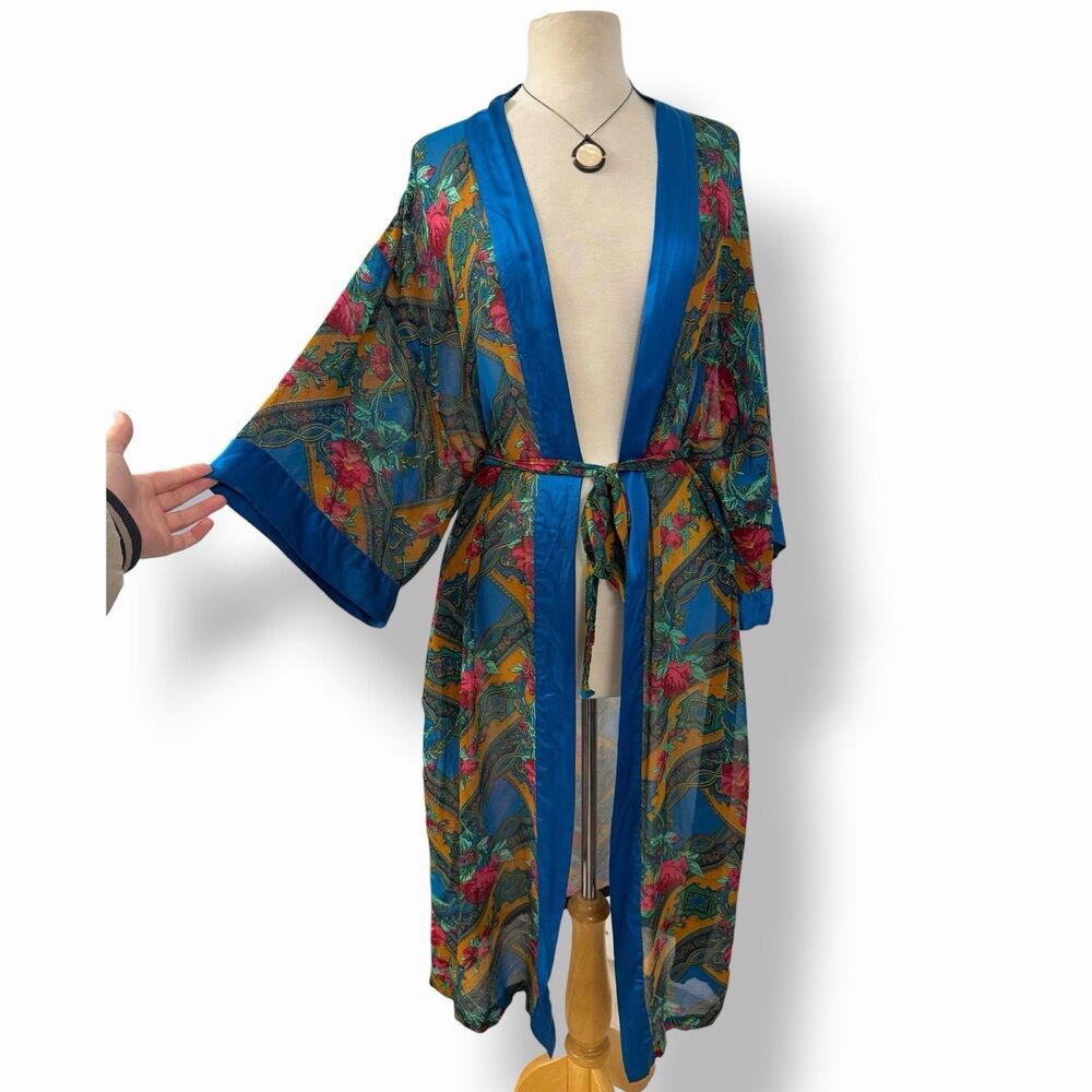 VTG Victorias Secret Gold Label Silk Floral Paisley Chiffon Kimono Robe Petite S